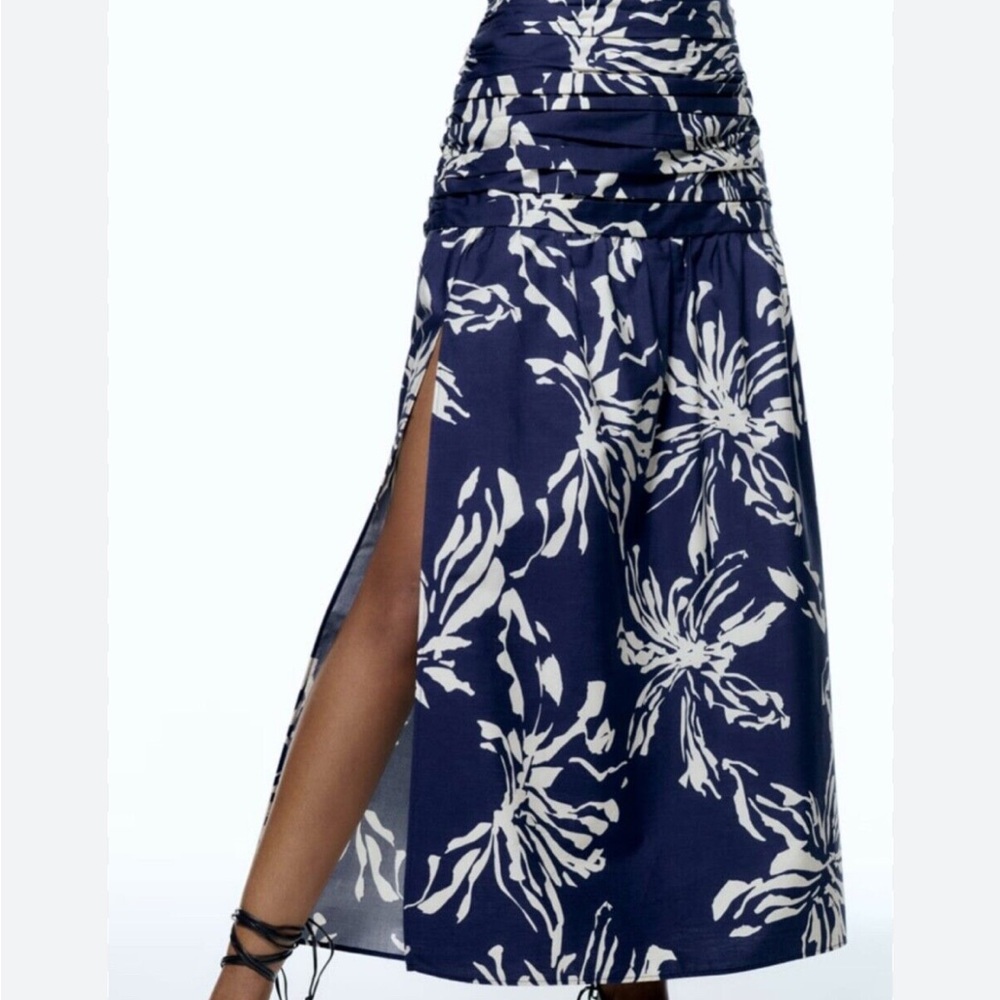 ZARA | 100% Cotton Blue and White Floral Maxi Skirt High Slit Size XL